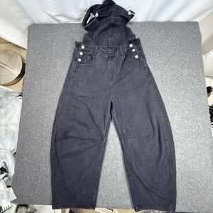 Black Barrel Leg Denim Overalls Women Medium Wide Utility Streetwear Bib